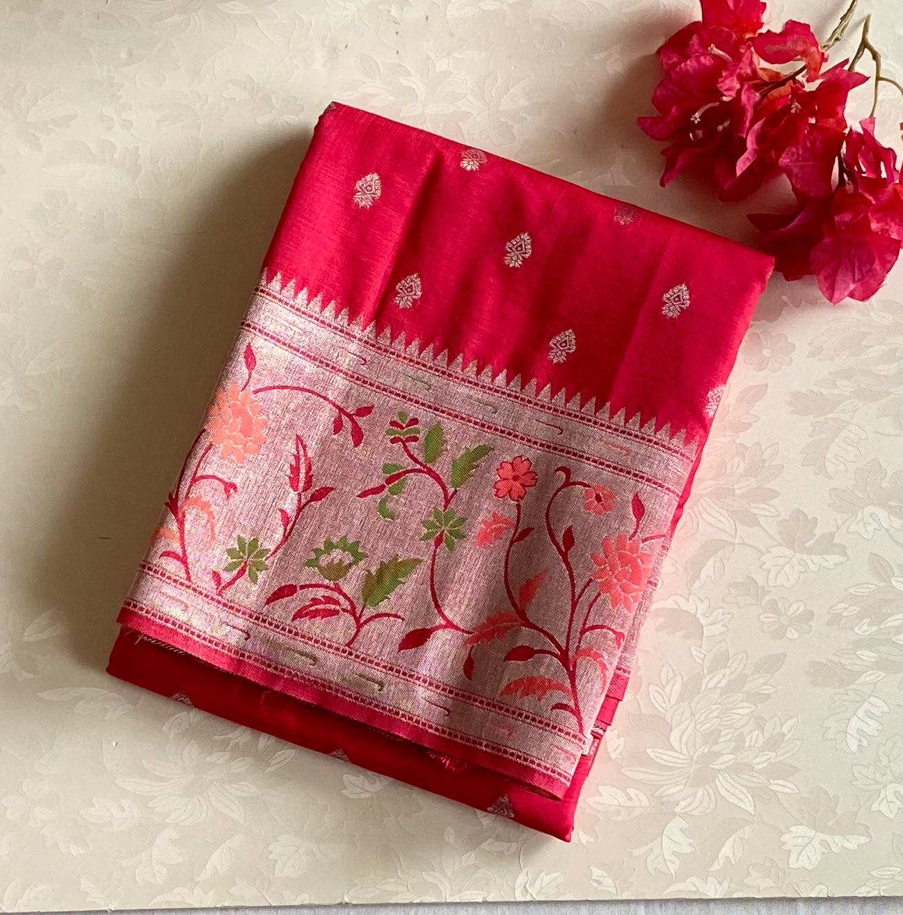 Magenta Silk Saree Floral Brocade Border Rose Gold Tassel Pallu