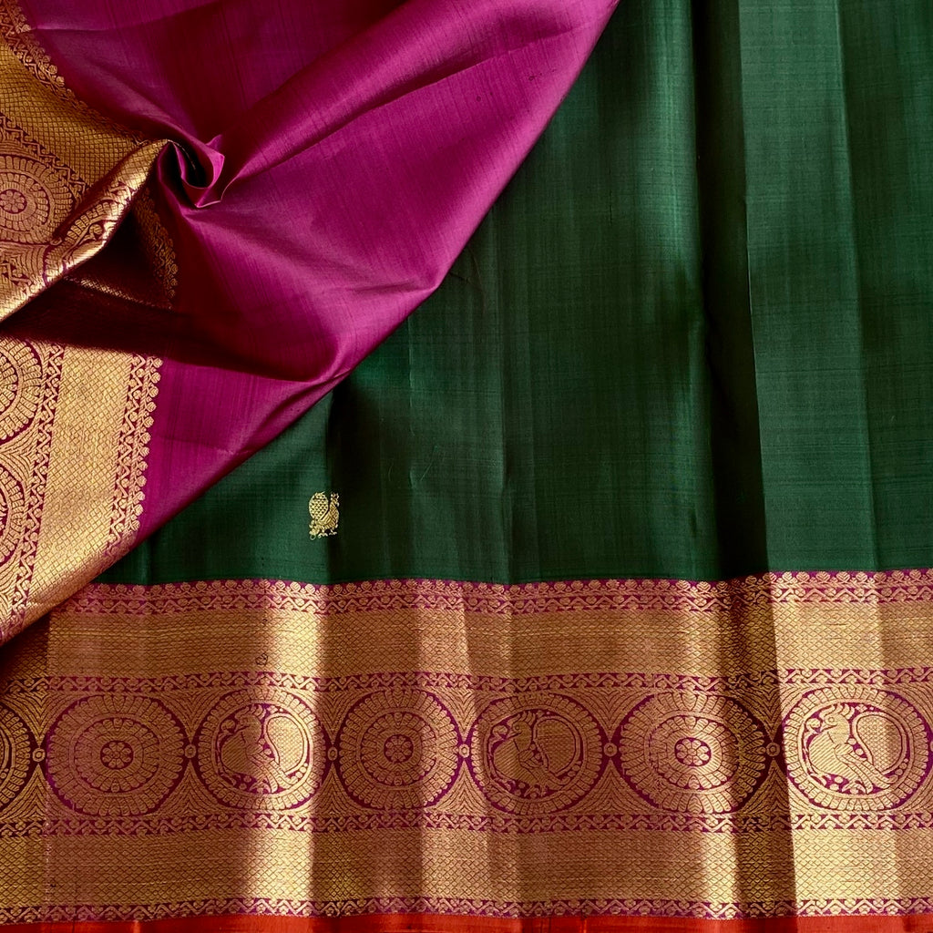 Bottle Green Kanjeevaram Pure Zari Silk Saree With Perfecf Magenta Pallu