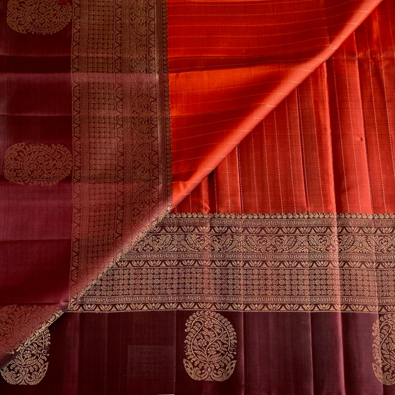 Deep Maroon And Bright Orange Designer Pure Silk Saree With Zari