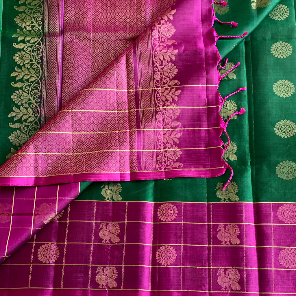 Emerald Green Deep Magenta Designer Pure Silk Saree With Checkered Weave