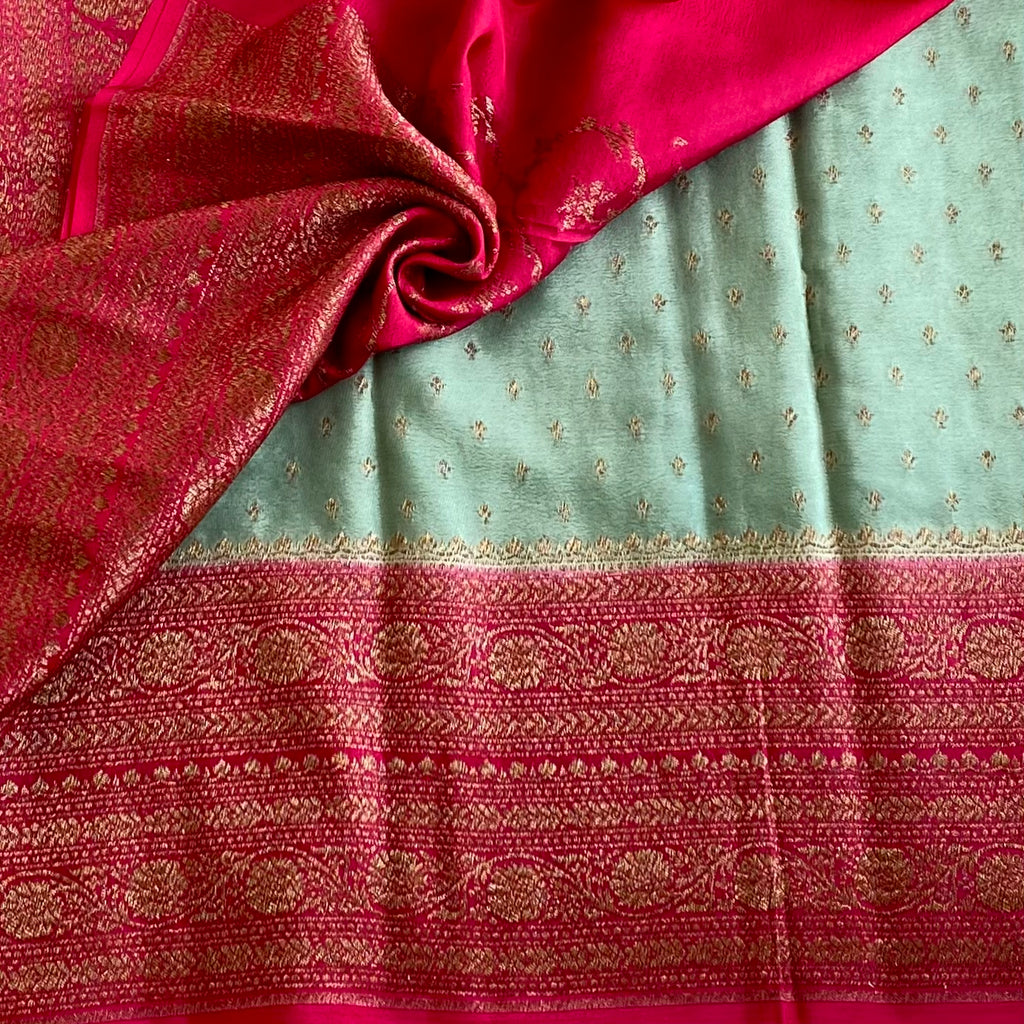 Mint Green Banarasi Crepe Silk Saree With Rani Pink Contrast Panel