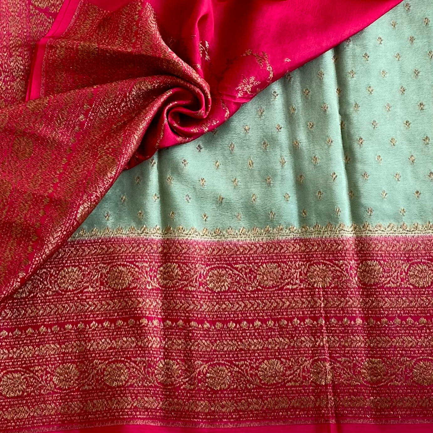 Mint Green Banarasi Crepe Silk Saree With Rani Pink Contrast Panel