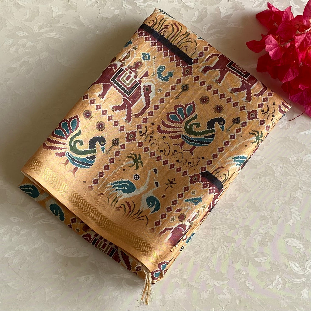 Golden Mustard Soft Tussar Silk Saree With Maroon Motifs