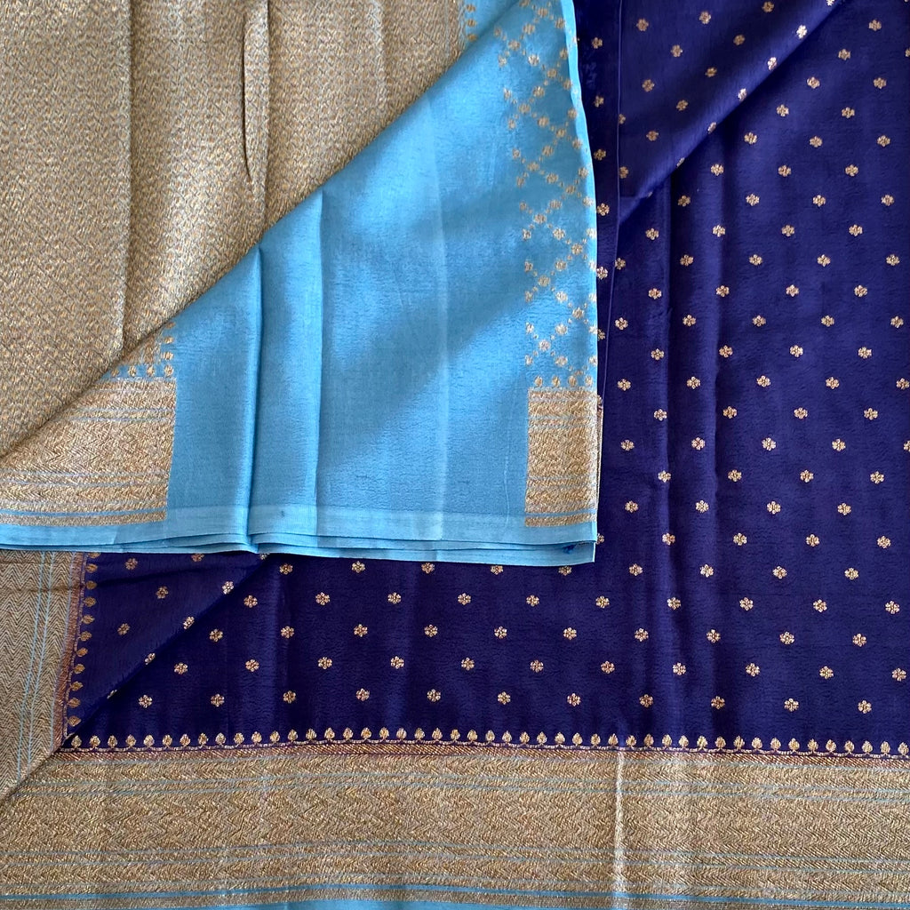 Midnight Blue Banarasi Crepe Silk Saree With Sky Blue Contrast