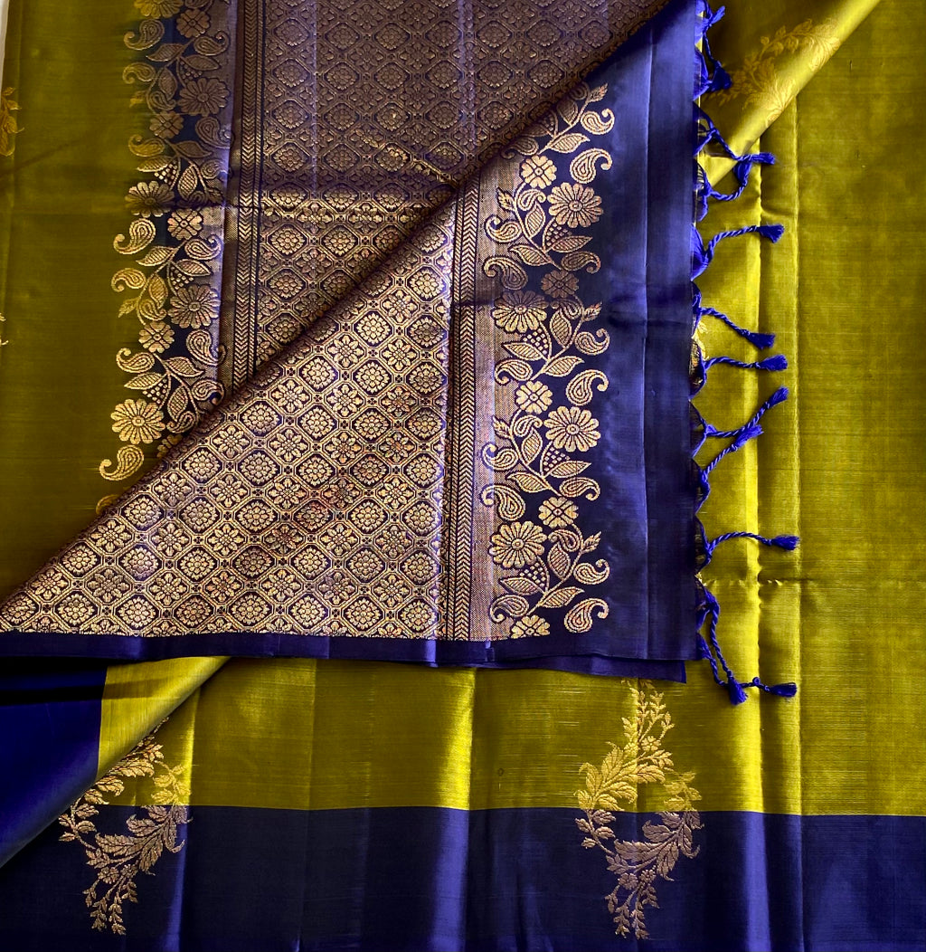 Olive Green Silk Saree Royal Blue Zari Pallu Floral