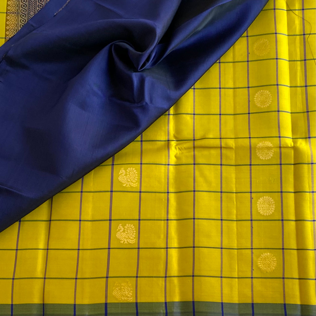 Mustard Green Designer Pure Silk Saree Navy Blue Pallu Gold Zari