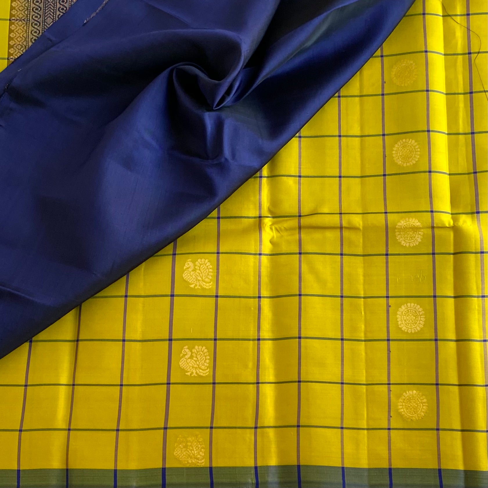 Mustard Green Designer Pure Silk Saree Navy Blue Pallu Gold Zari