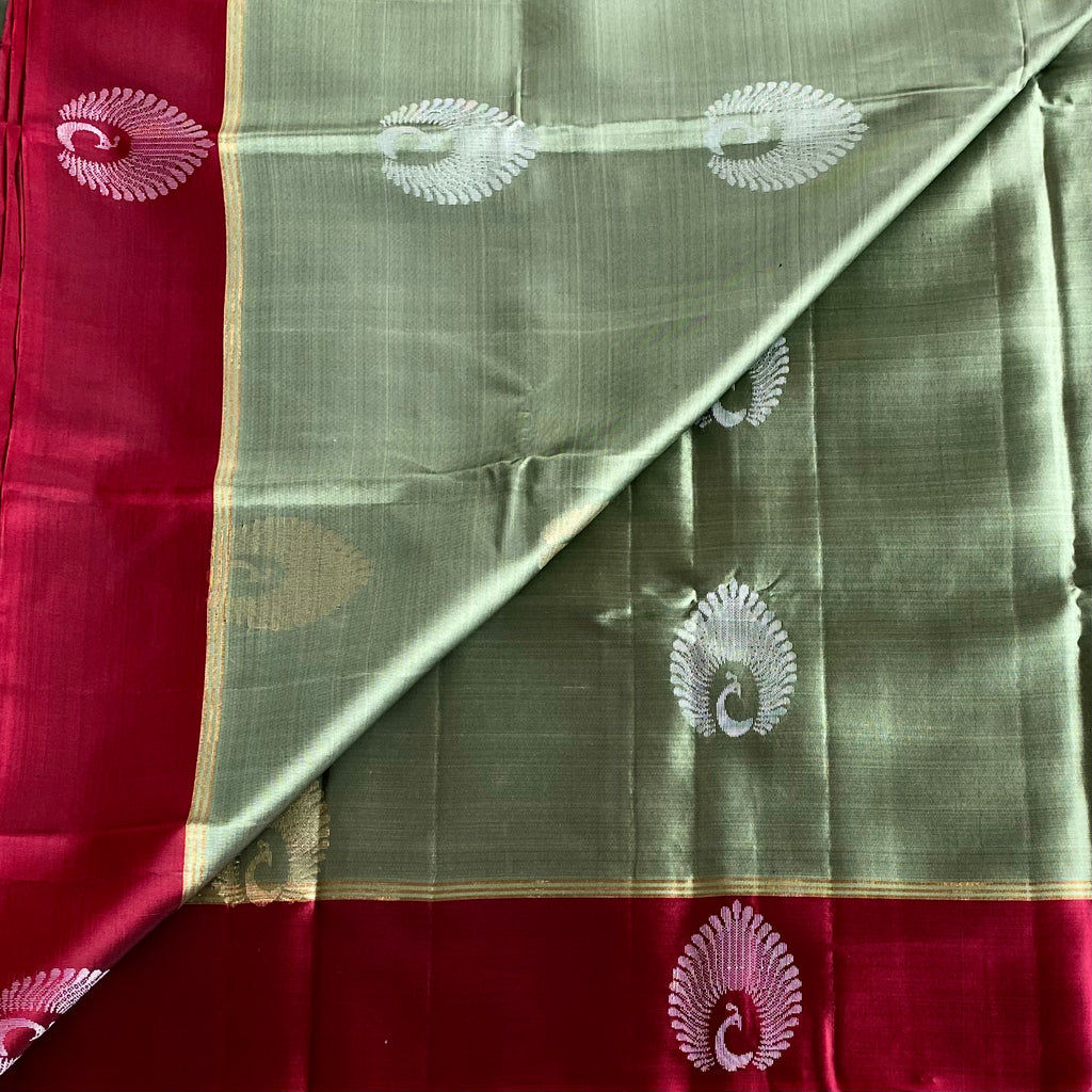 Sage Green Designer Pure Silk Saree With Deep Magenta Pallu