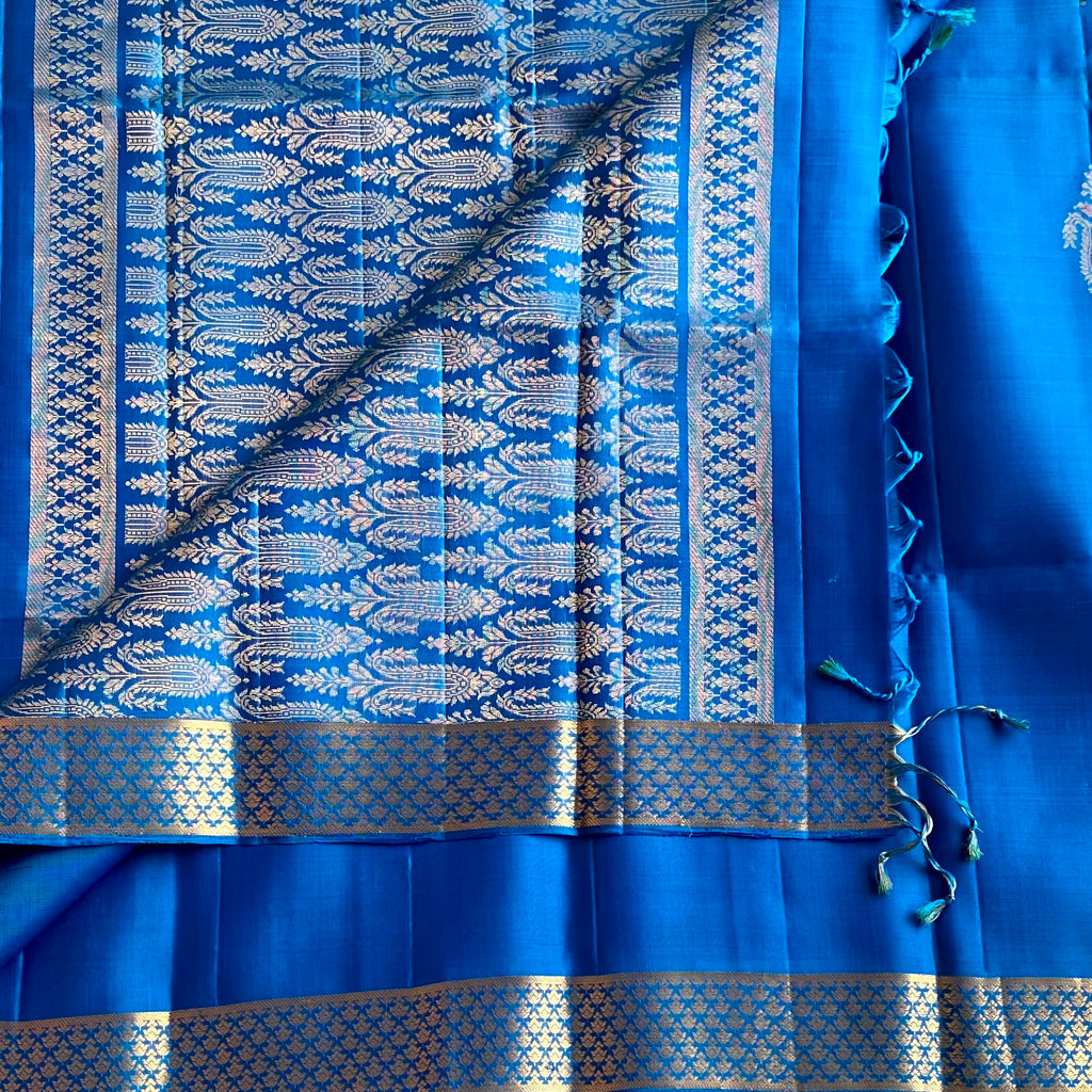 Peacock Teal Blue Designer Pure Silk Saree With Antique Gold Zari