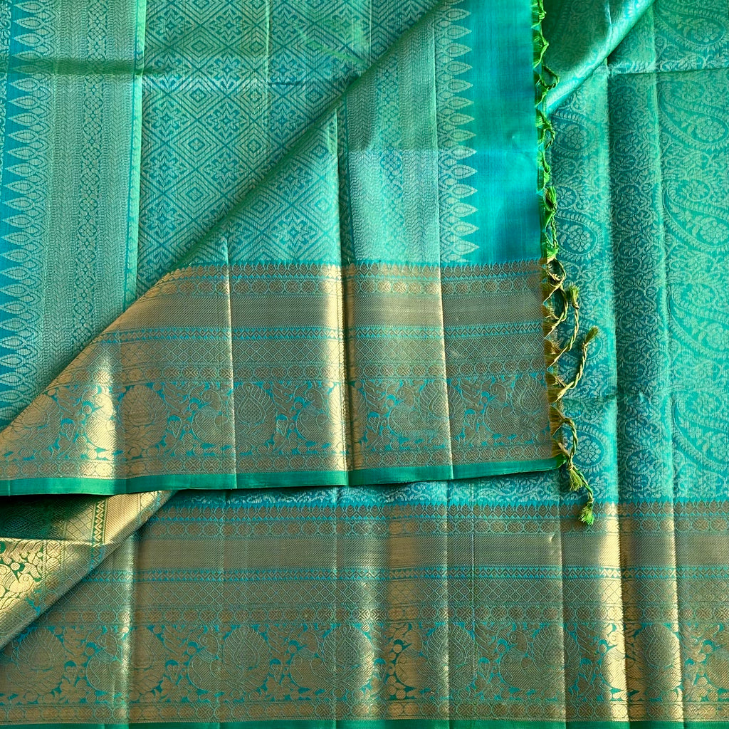 Sea Green Designer Brocade Pure Silk Saree With Metallic Gold Border