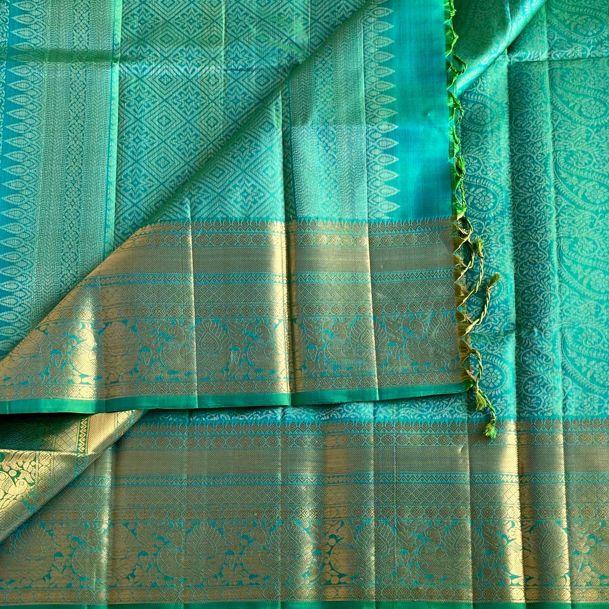 Sea Green Designer Brocade Pure Silk Saree With Metallic Gold Border