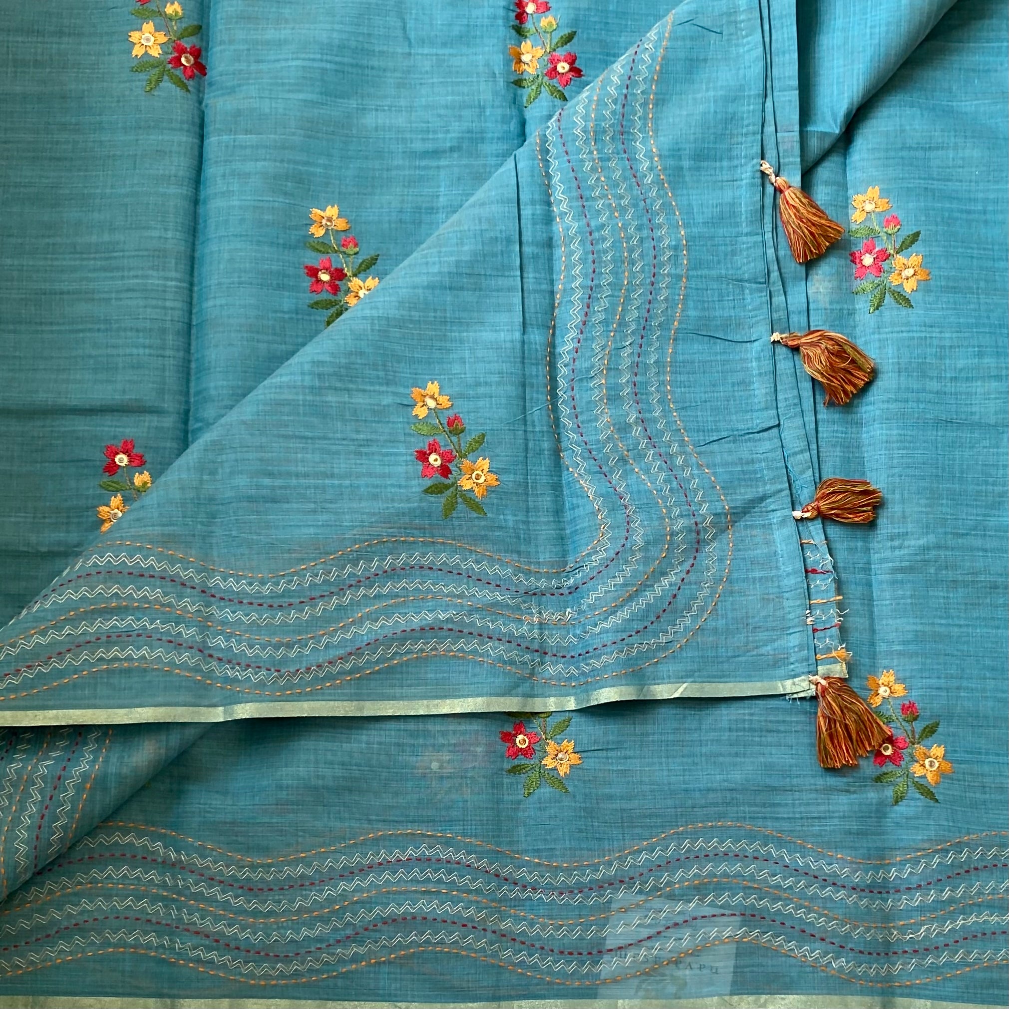 Turquoise Floral Embroidered Saree with Wavy Zari Pallu Tassels Lightweight