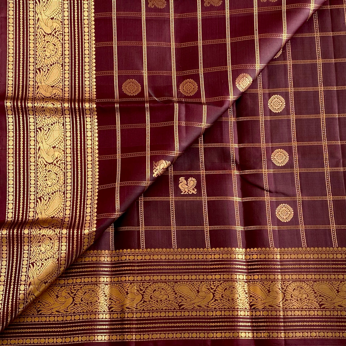 Deep Plum Brown Checkered Designer Pure Silk Saree With Antique Gold Paisley Zari