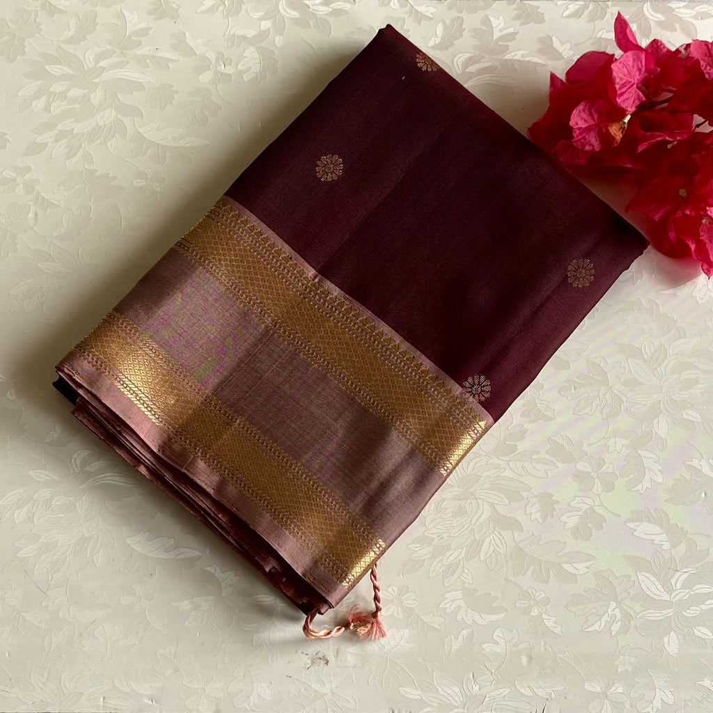 Deep Coffee Wine Designer Pure Silk Saree With Biscuit Brown Pallu