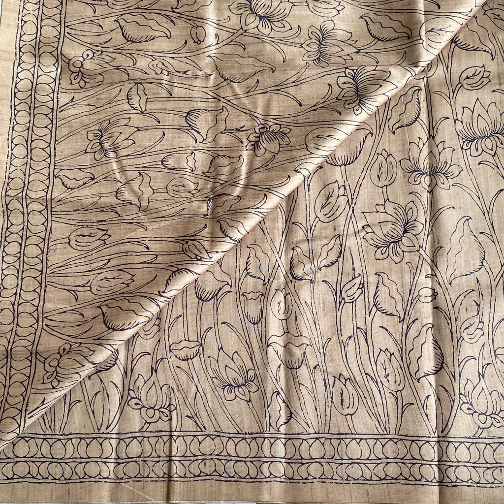 Earthy Beige Soft Tussar Silk Saree With Antique Designer Prints
