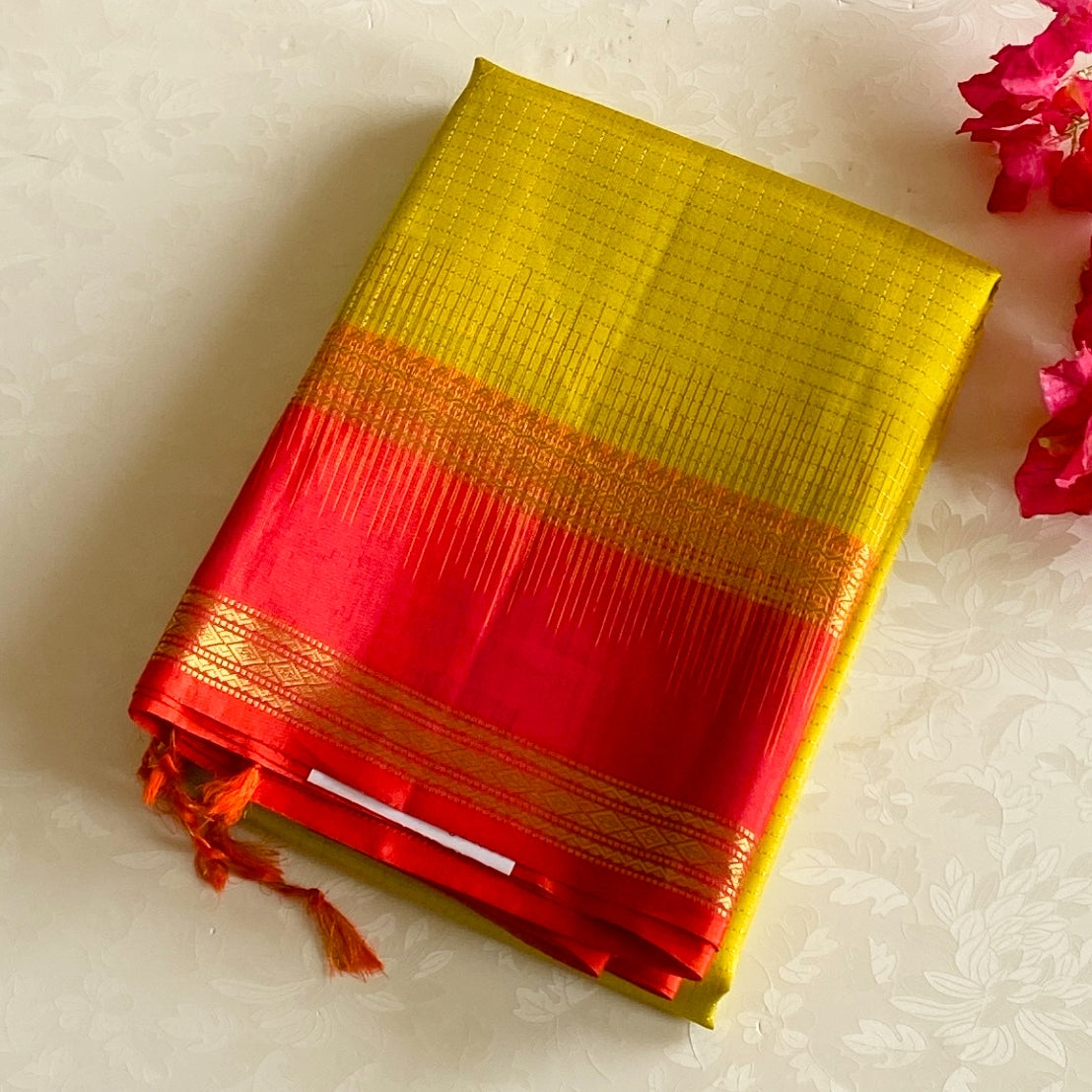 Deep Magenta And Chartreuse Silk Saree With Gold Zari Border
