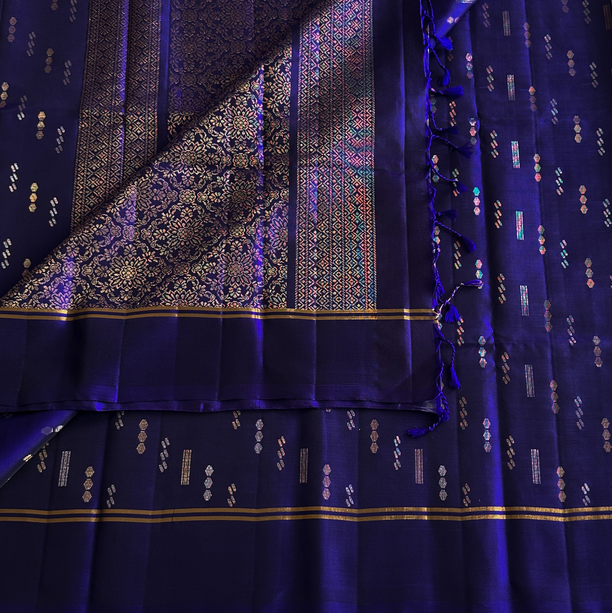 Royal Blue Saree With Gold Zari Floral Pallu And Tassels
