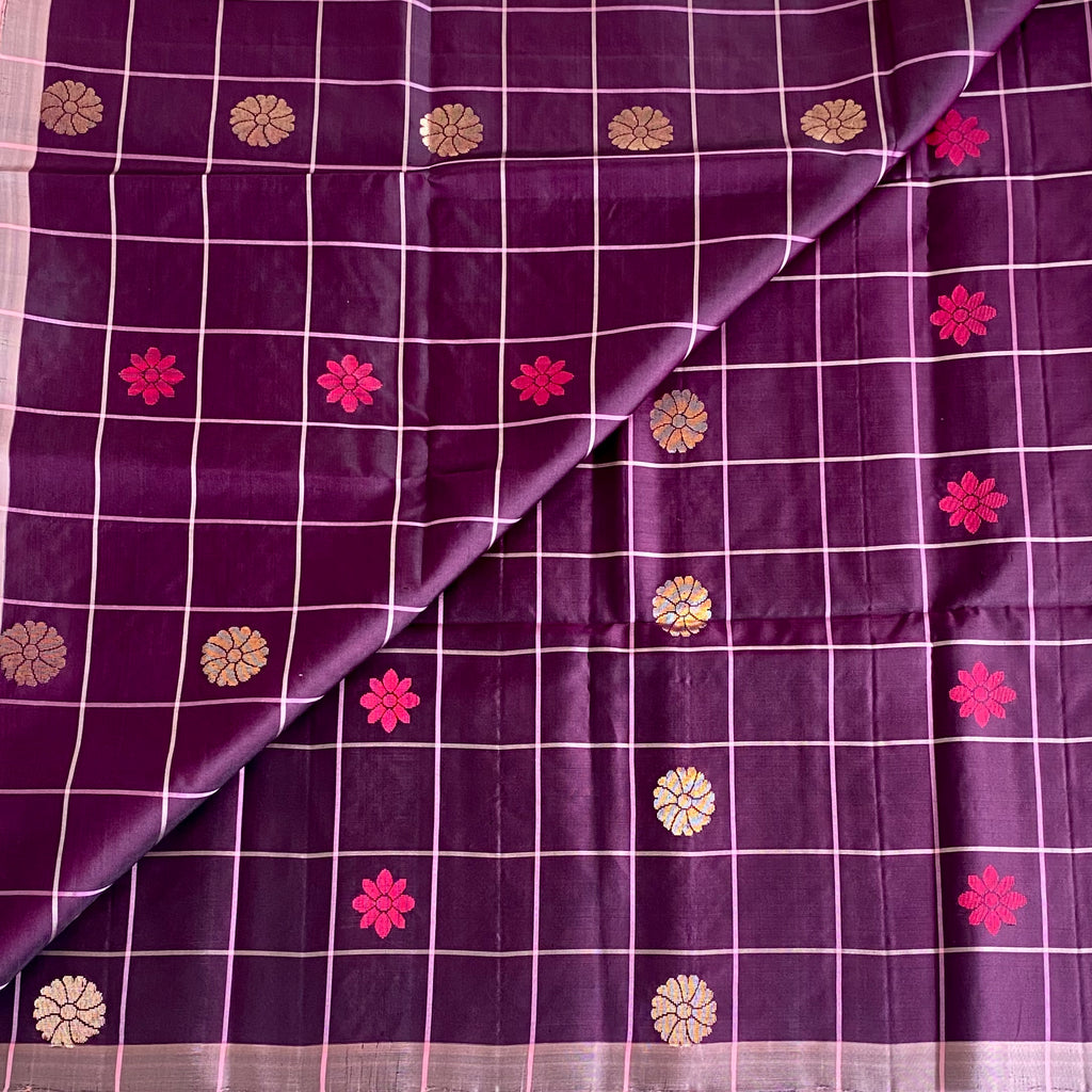 Deep Plum Designer Pure Silk Saree With Peach Pink Pallu