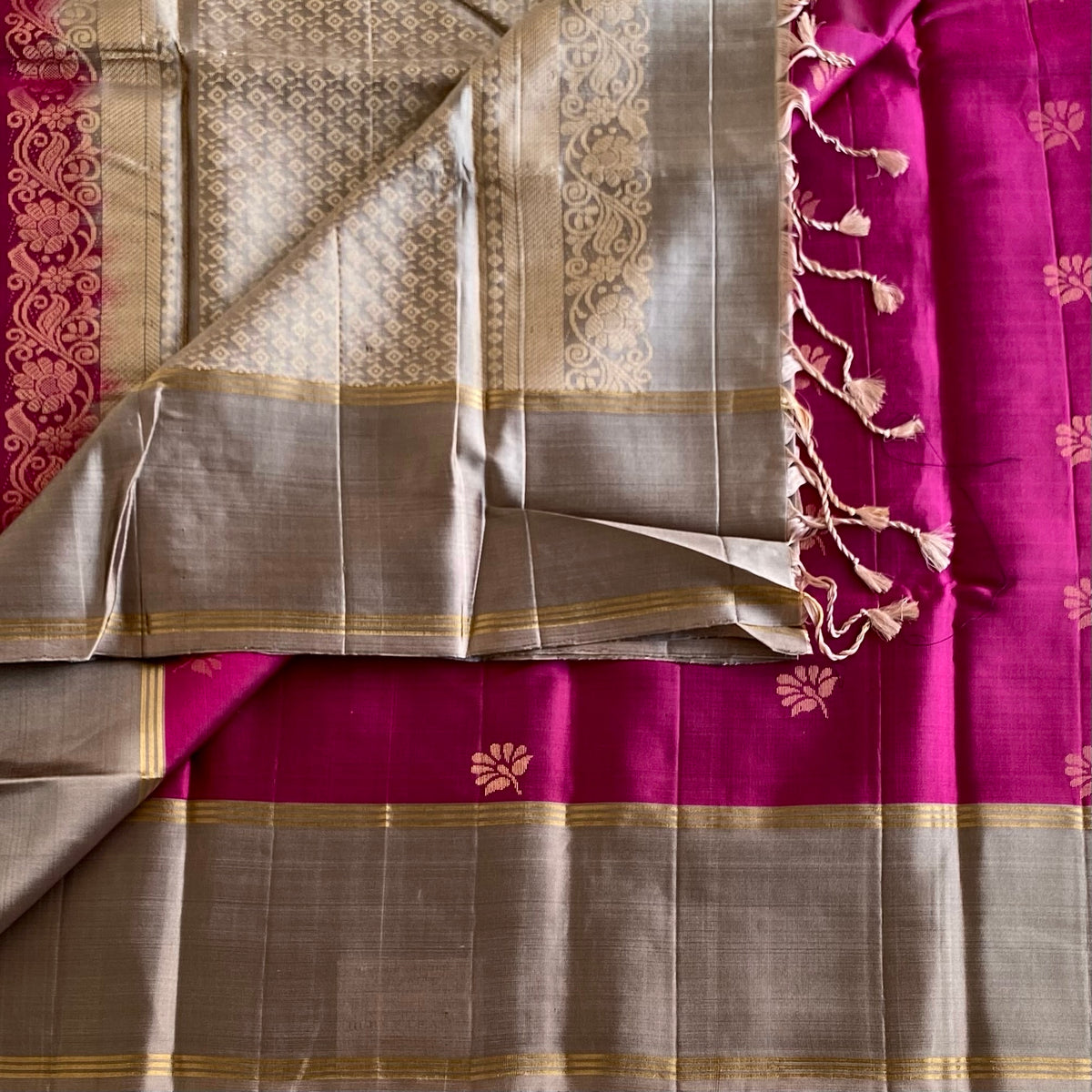 Rich Magenta & Taupe Grey Designer Pure Silk Elegance