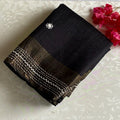 Midnight Black Soft Tussar Silk Saree With Antique Gold Border