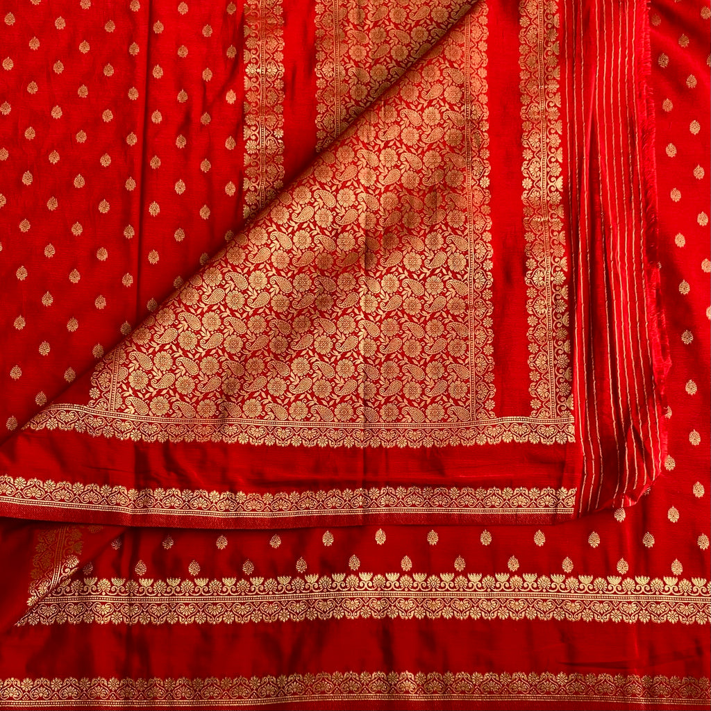 Crimson Red Soft Tussar Silk Saree With Antique Gold Brocade Pallu