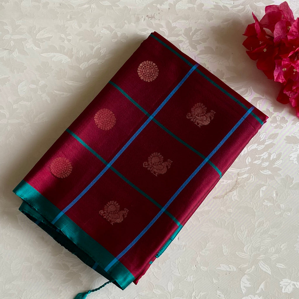 Wine Maroon Designer Pure Silk Saree Peacock Teal Contrast Pallu Zari Border