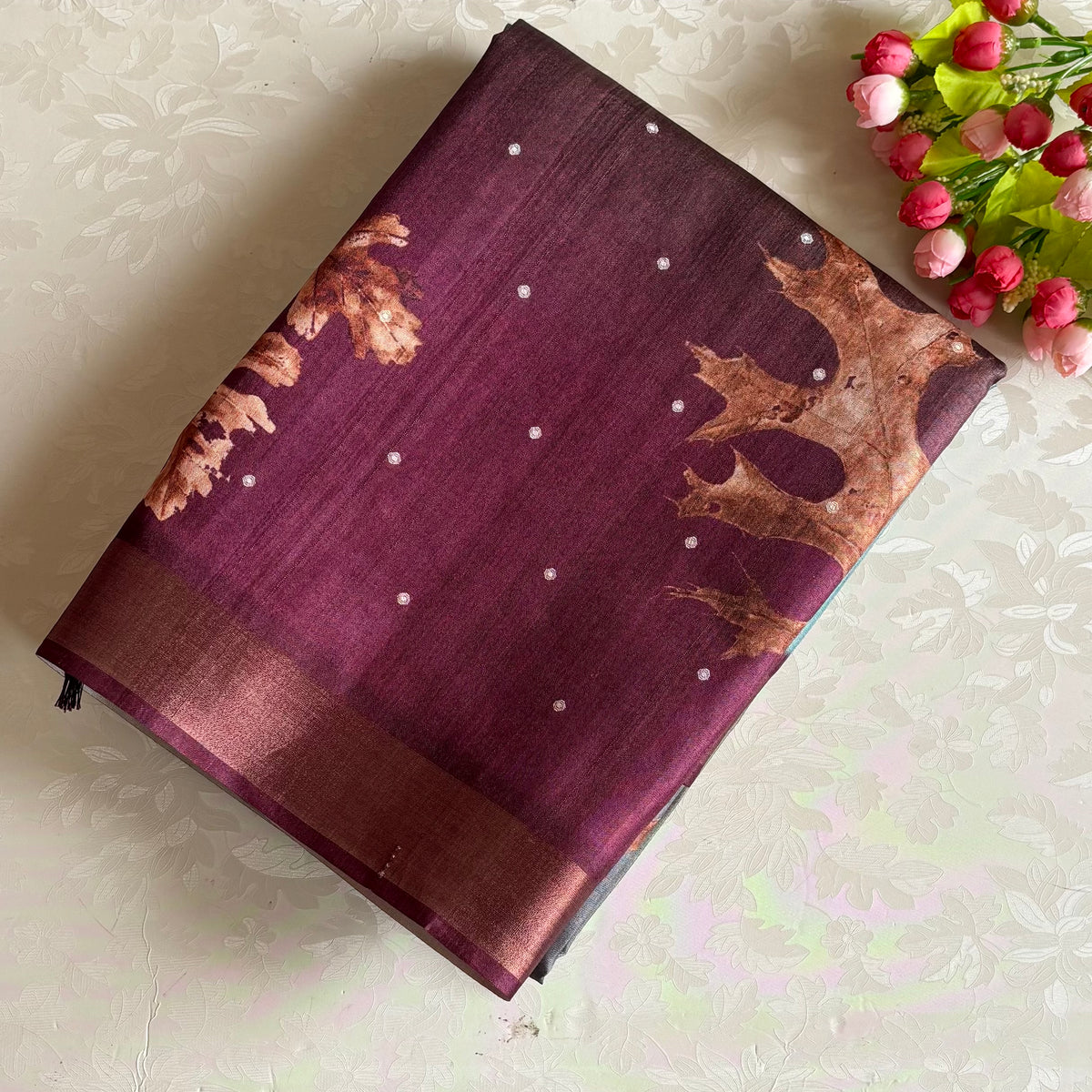 Deep Wine n Olive Ombré Soft Tussar Saree With Designer Prints