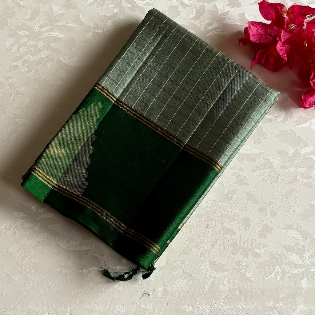 Rare Sage Green Designer Pure Silk Saree With Emerald Green Pallu