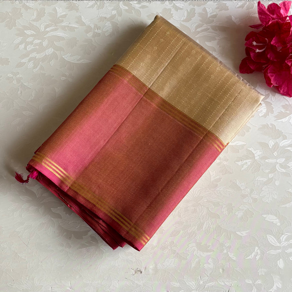 Champagne Beige Designer Pure Silk Saree With Rose Pink Pallu