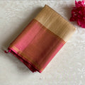 Champagne Beige Designer Pure Silk Saree With Rose Pink Pallu