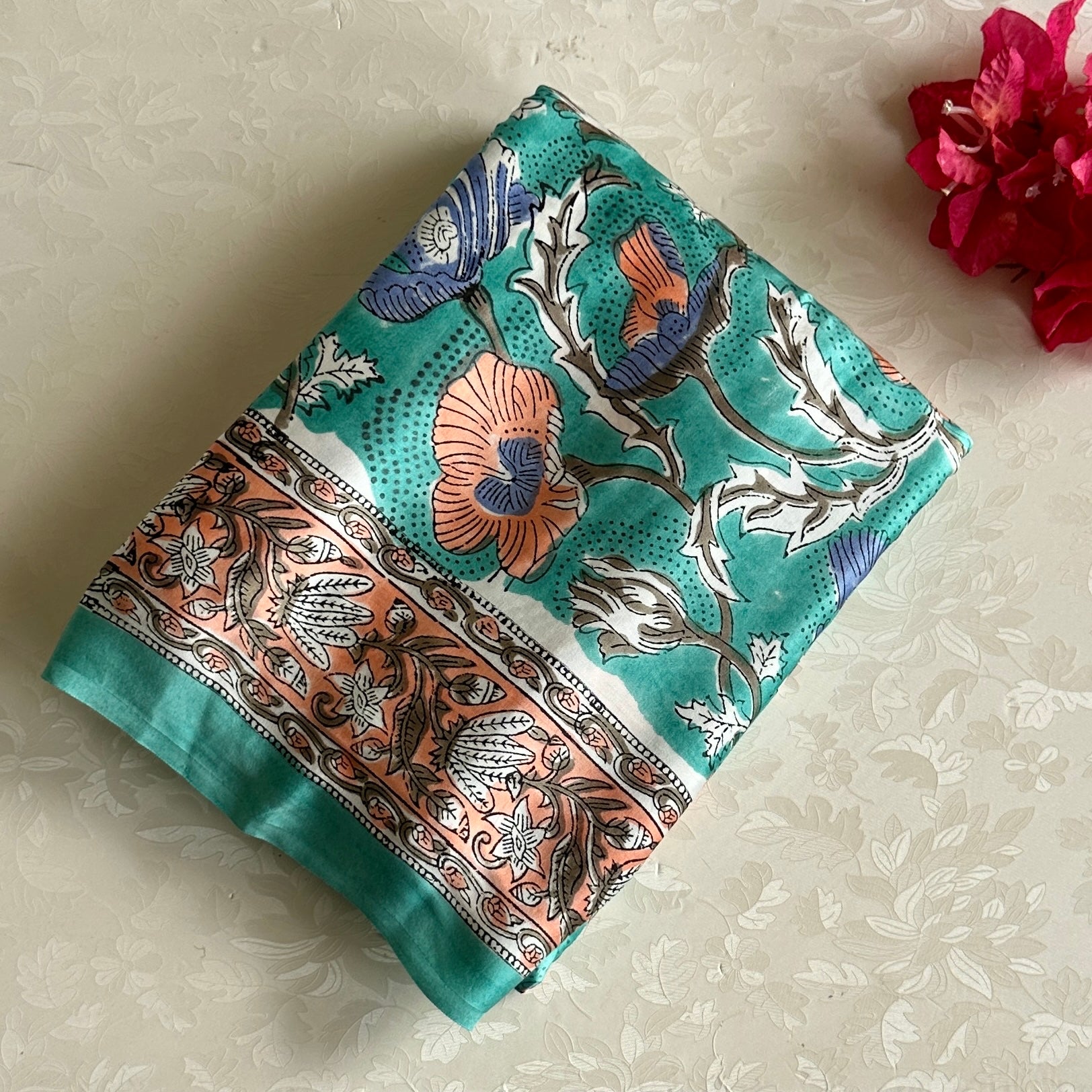 Ivory Turquoise Ajrakh Block Printed Silk With Turquoise And Leaf Border