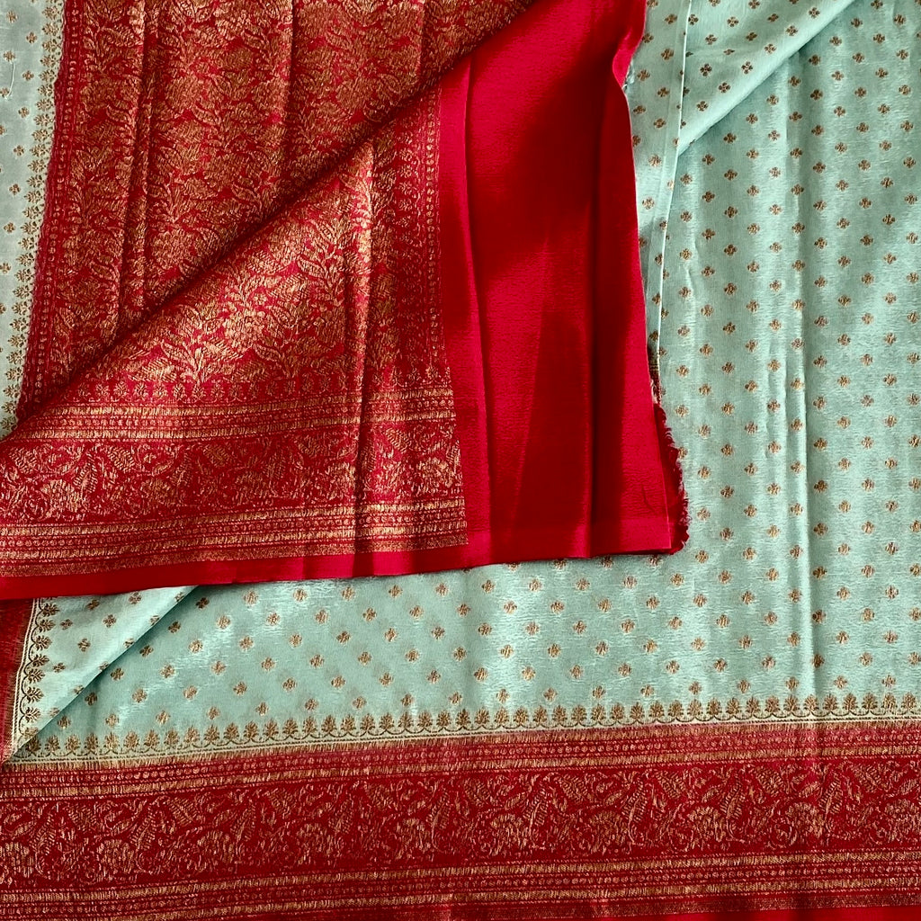 Mint Green Banarasi Crepe Silk Saree With Rani Pink Pallu