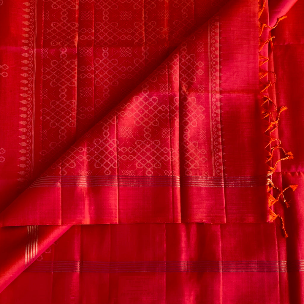 Rani Pink Designer Pure Silk Saree With Vermilion Red Pallu