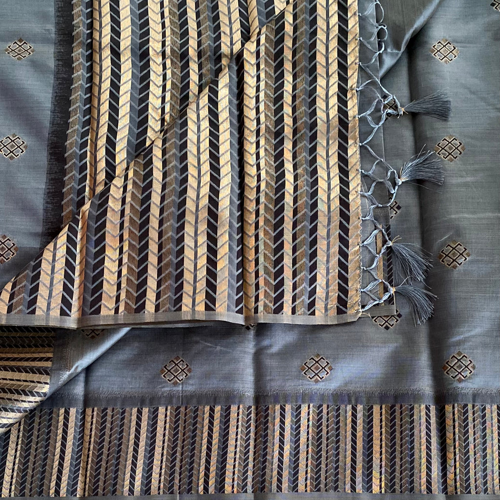 Slate Blue Champagne Gold Chevron Pallu Diamond Buta Saree Traditional