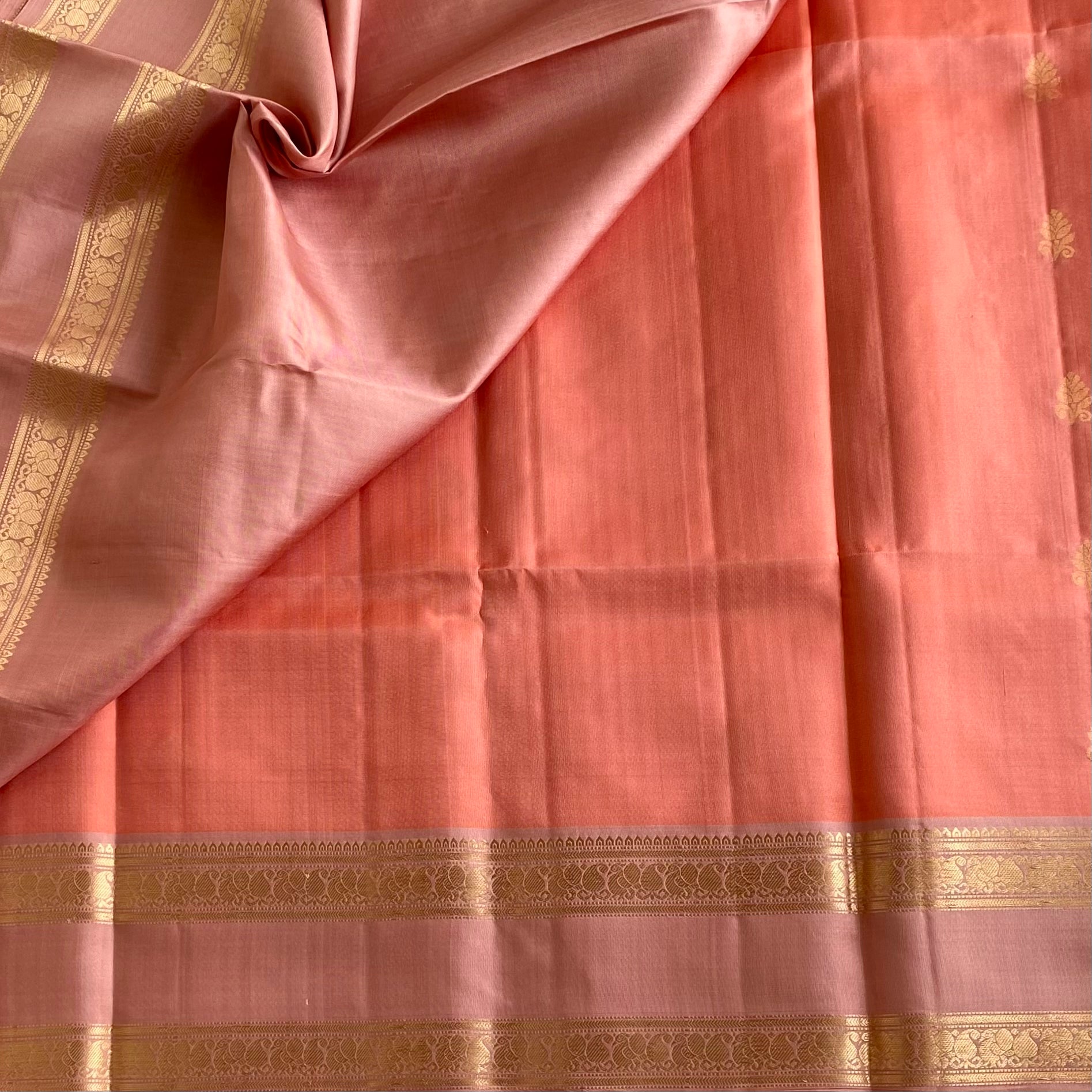 Peach Coral Designer Pure Silk With Dusty Rose Retta Petta Borders
