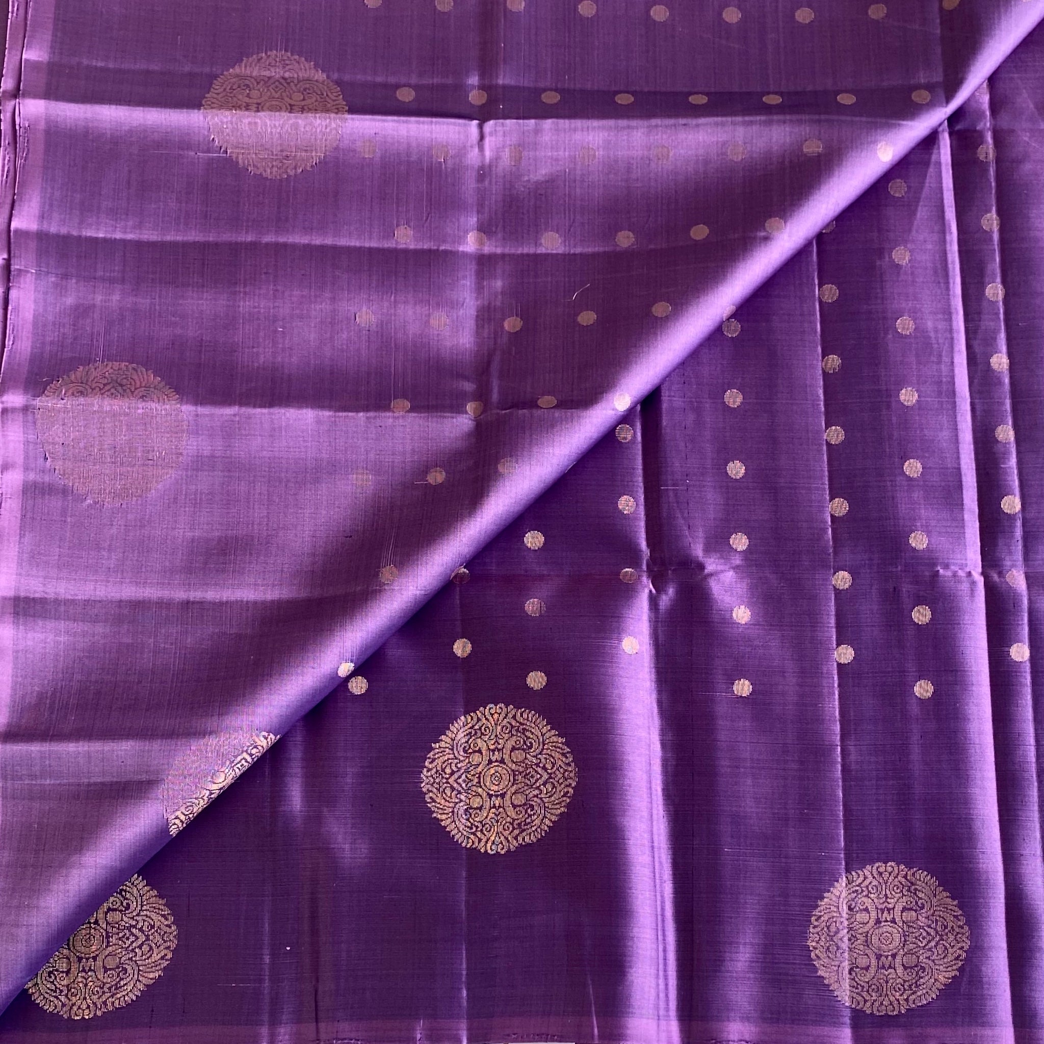 Metallic Lavender Designer Pure Silk Saree With Antique Gold Pallu