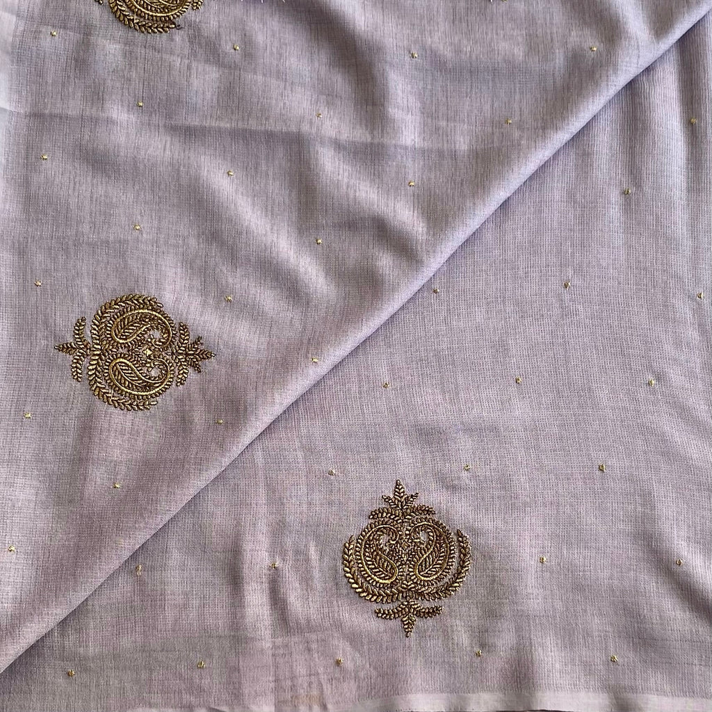 Light Pastel Lavender Lilac Soft Tussar Silk Saree With Antique Gold Embroidery