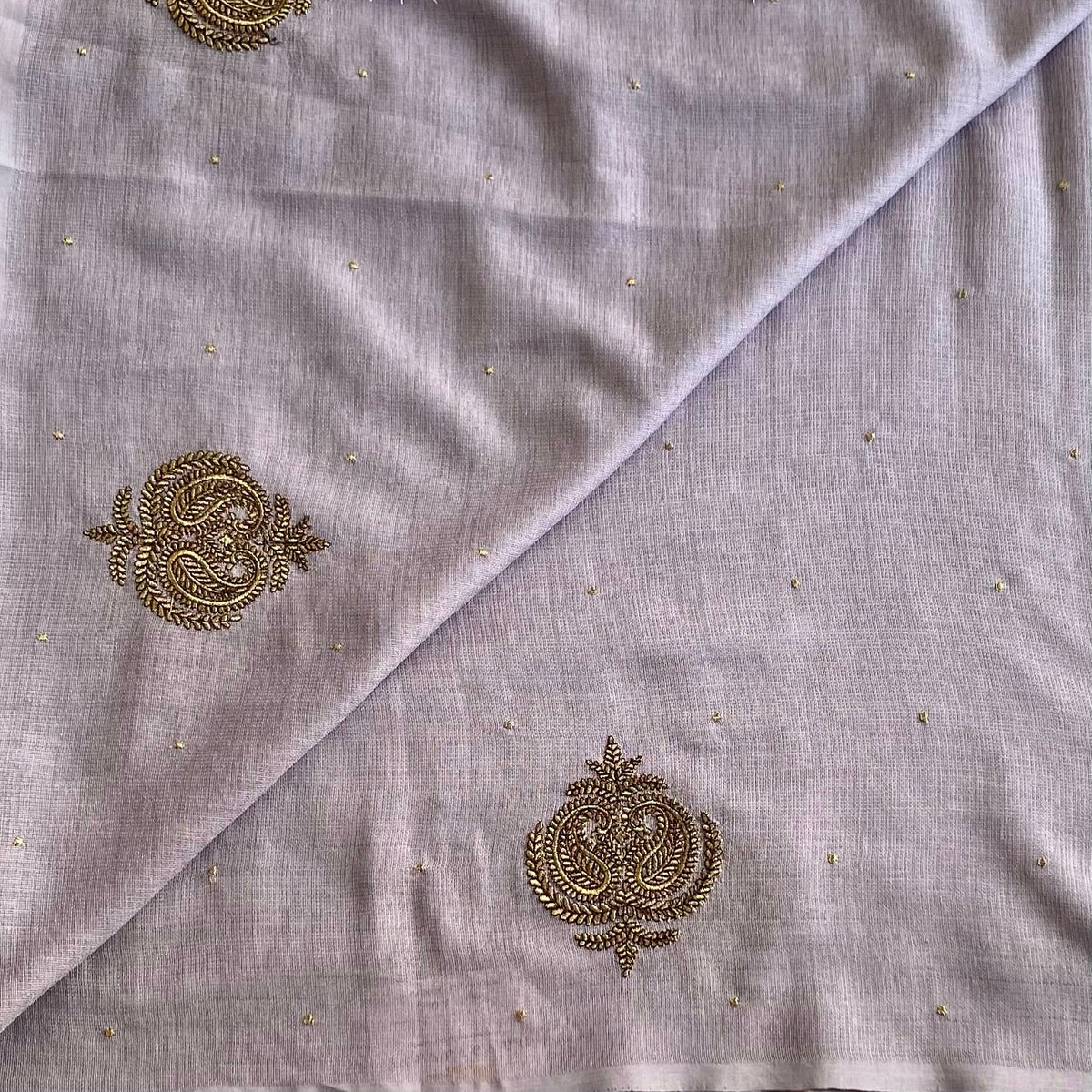 Light Pastel Lavender Lilac Soft Tussar Silk Saree With Antique Gold Embroidery