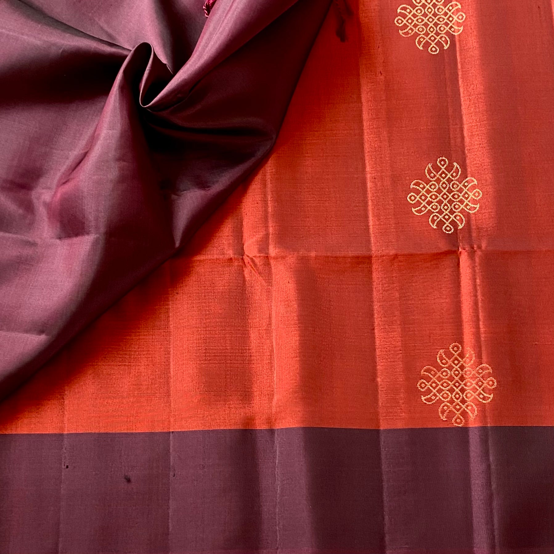 Rust with wine brown Kollam zari woven Designer pure Silk