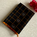 Charcoal Black Designer Pure Silk Saree With Saffron Orange Pallu