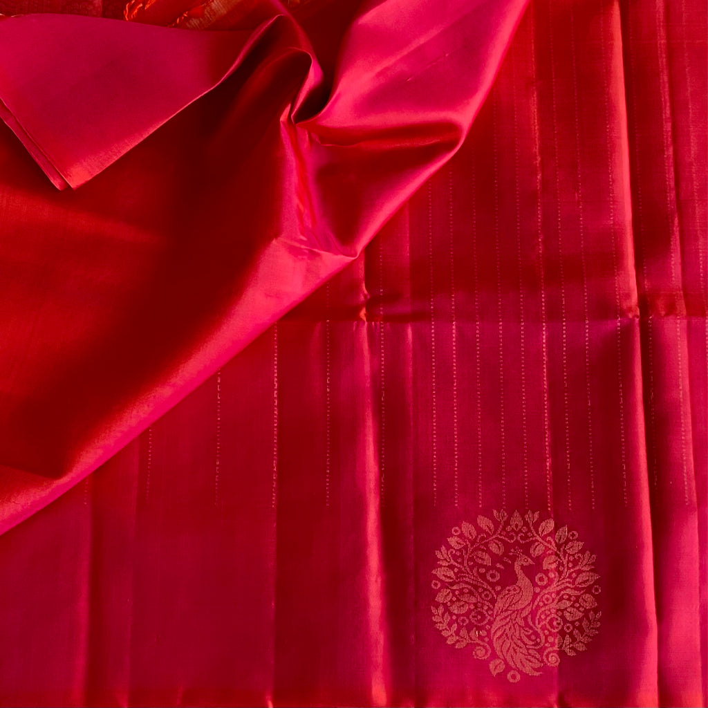 Rani Pink And Tangerine Orange Designer Pure Silk Saree With Gold Zari