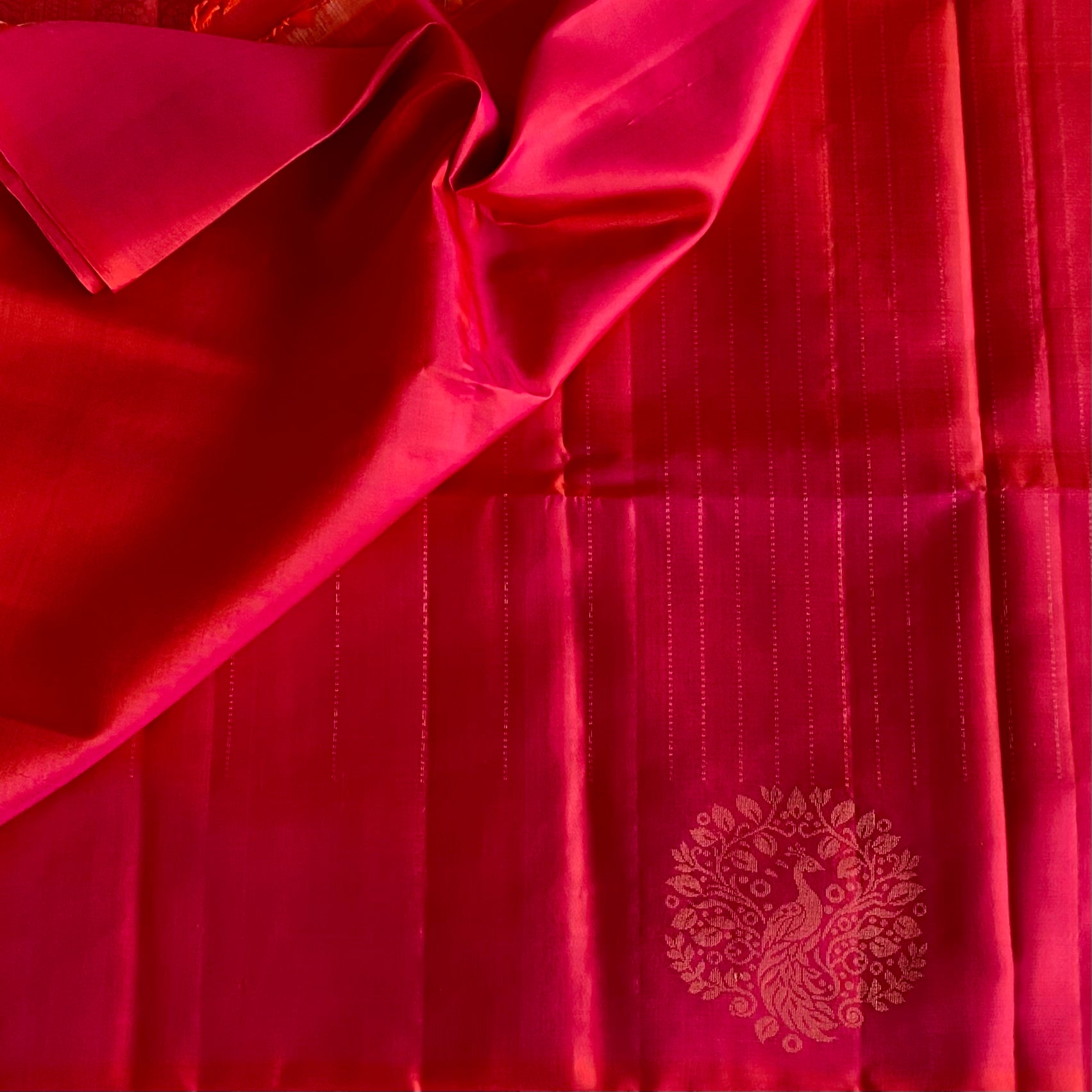 Rani Pink And Tangerine Orange Designer Pure Silk Saree With Gold Zari