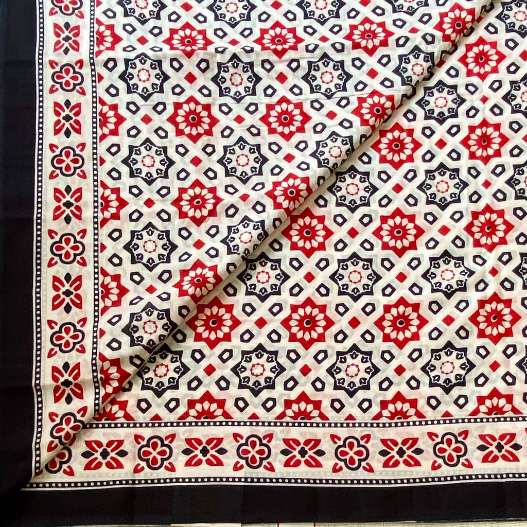 Navy Blue Crimson Floral Block Print Cotton Saree Traditional Wear
