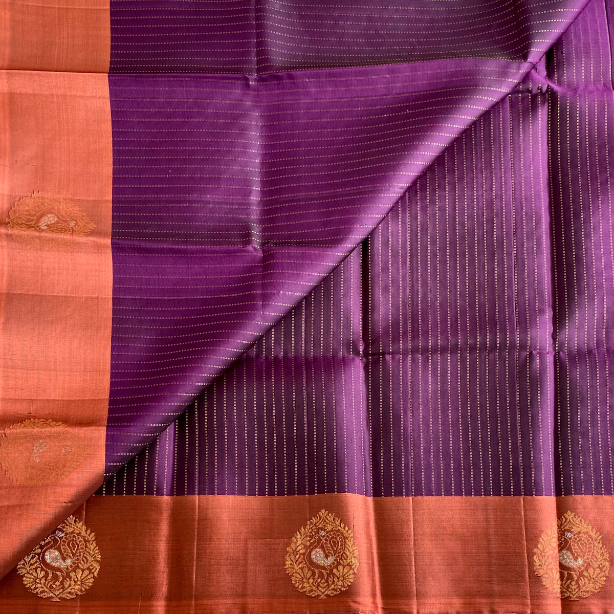 Deep Aubergine Designer Pure Silk Saree With Copper Rust Pallu