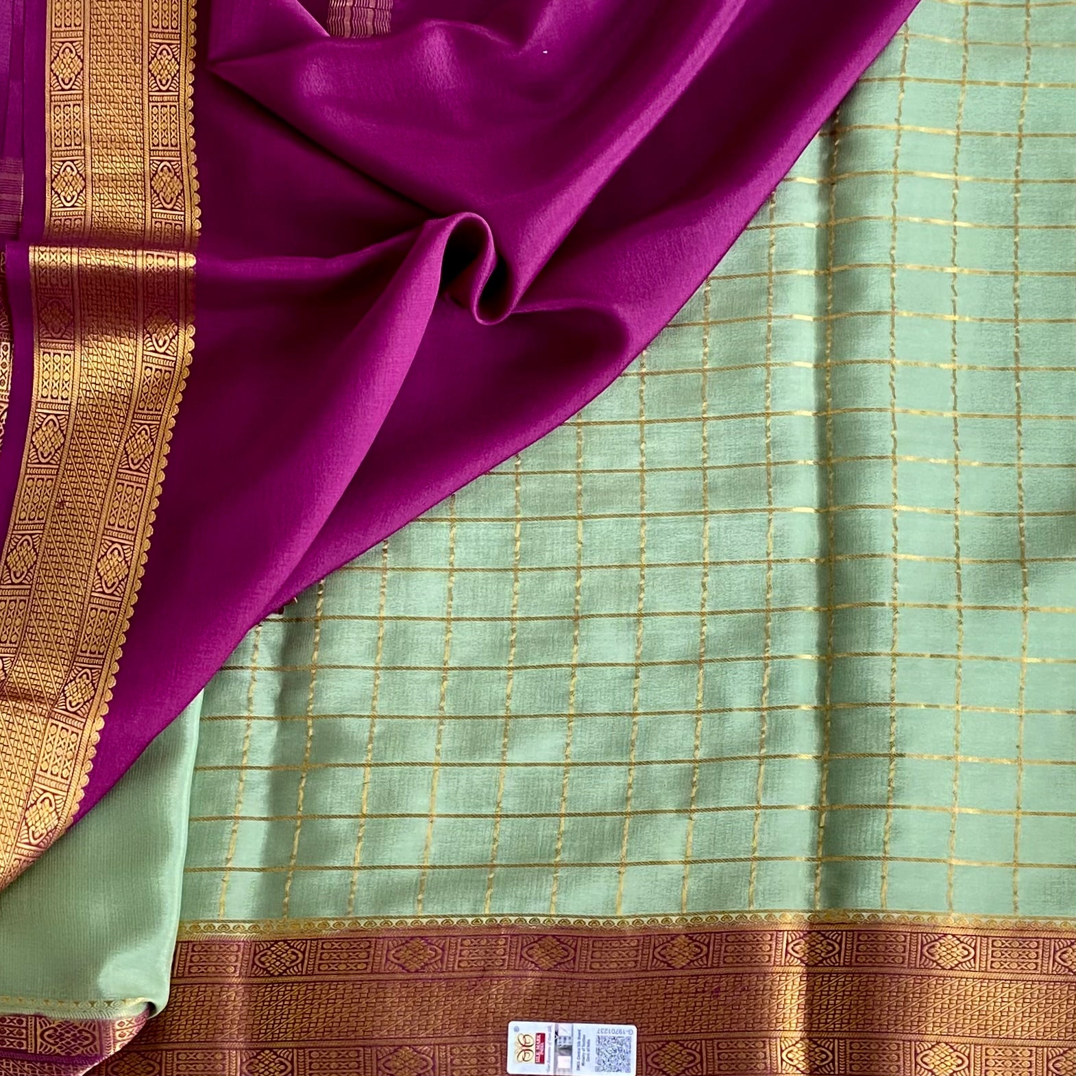 Sage Green Mysore Crepe Silk Saree With Magenta Border And Gold Zari