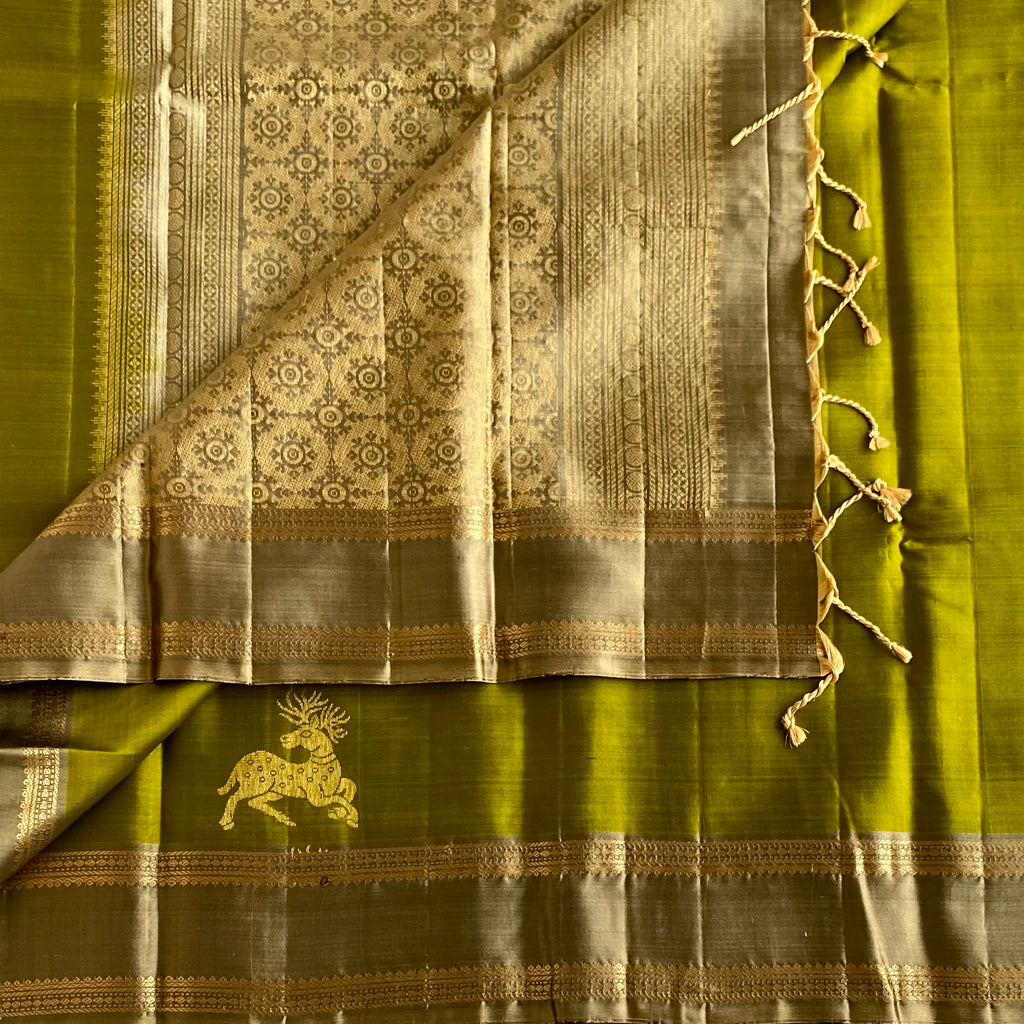 Rich Olive Green Designer Pure Silk Saree With Greyish Beige Pallu And Zari
