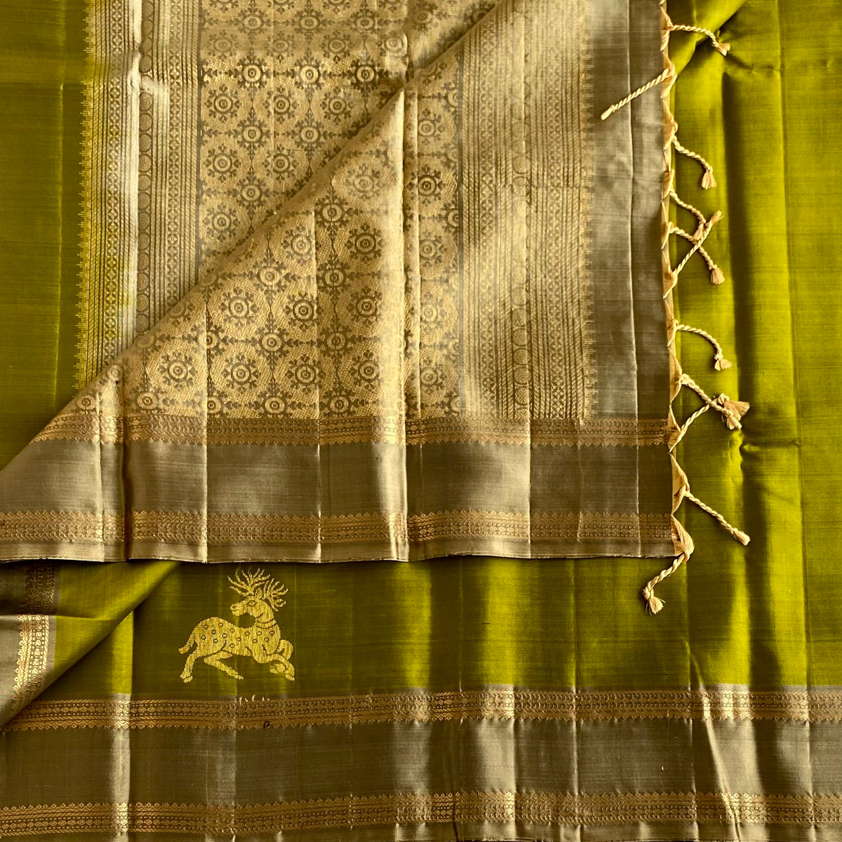 Rich Olive Green Designer Pure Silk Saree With Greyish Beige Pallu And Zari