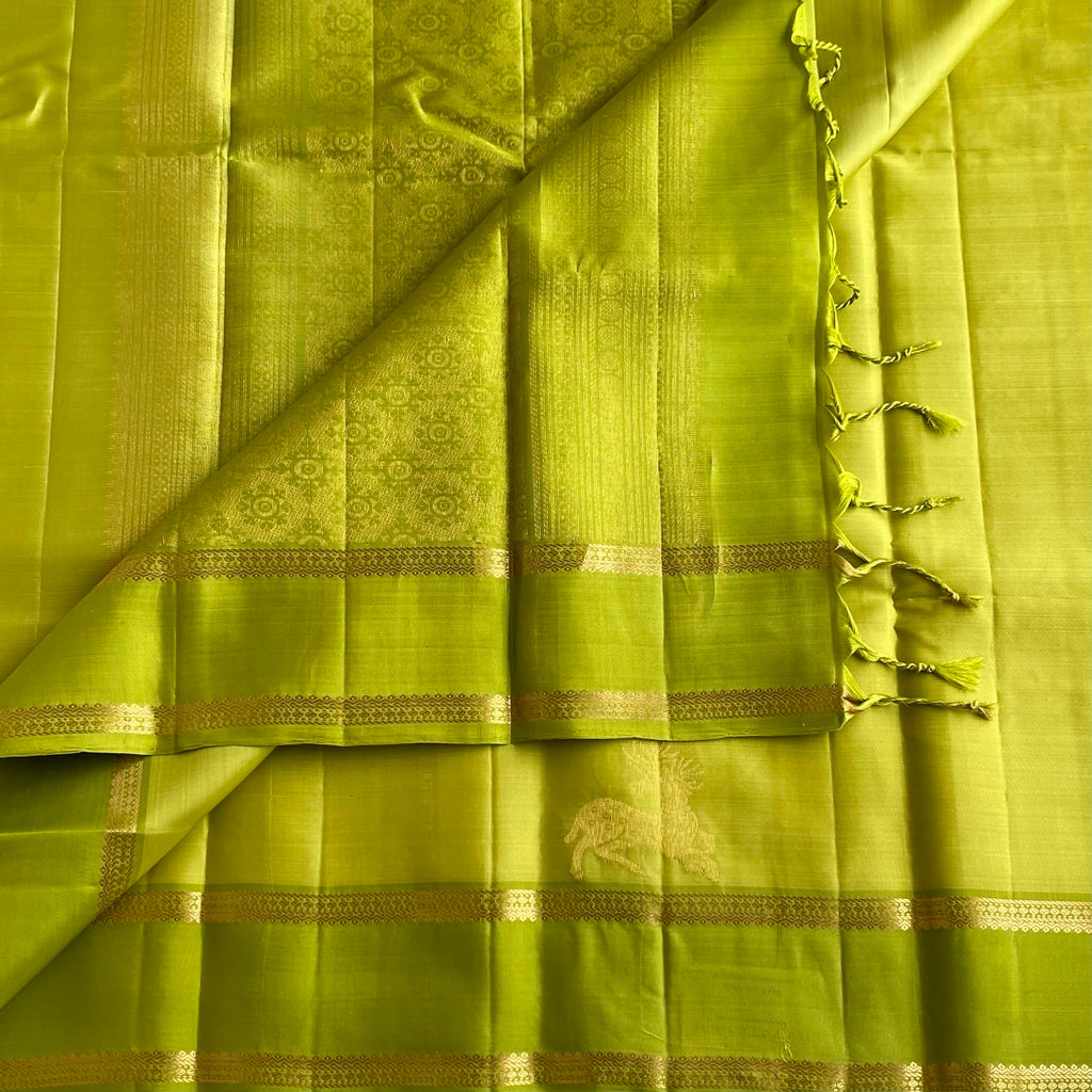 Lime Green Designer Pure Silk Saree With Metallic Gold Pallu And Border