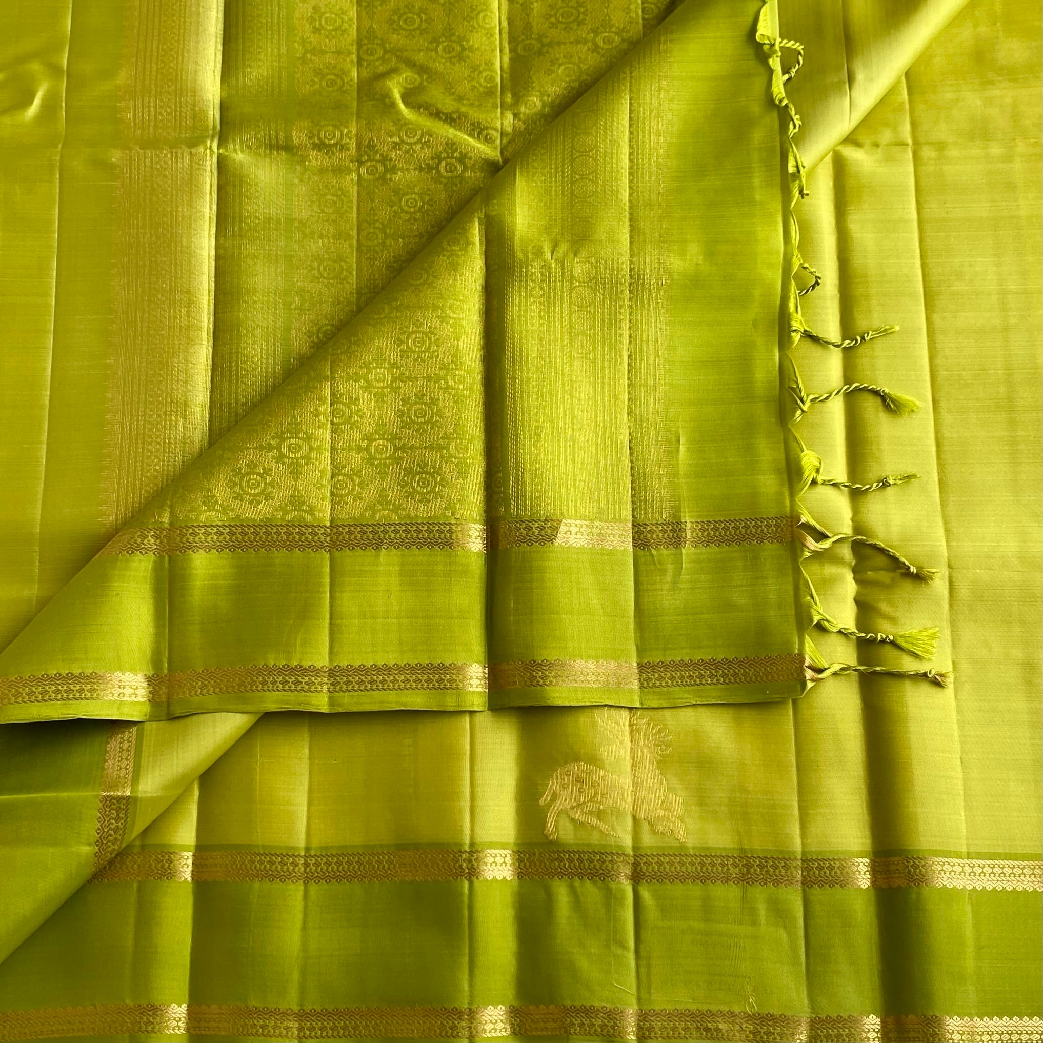 Lime Green Designer Pure Silk Saree With Metallic Gold Pallu And Border