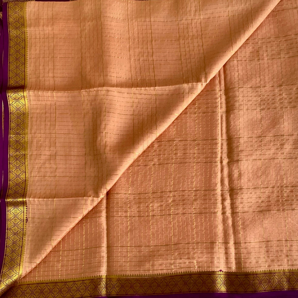 Dusty Peach Mysore Crepe Silk Saree With Royal Purple Pallu